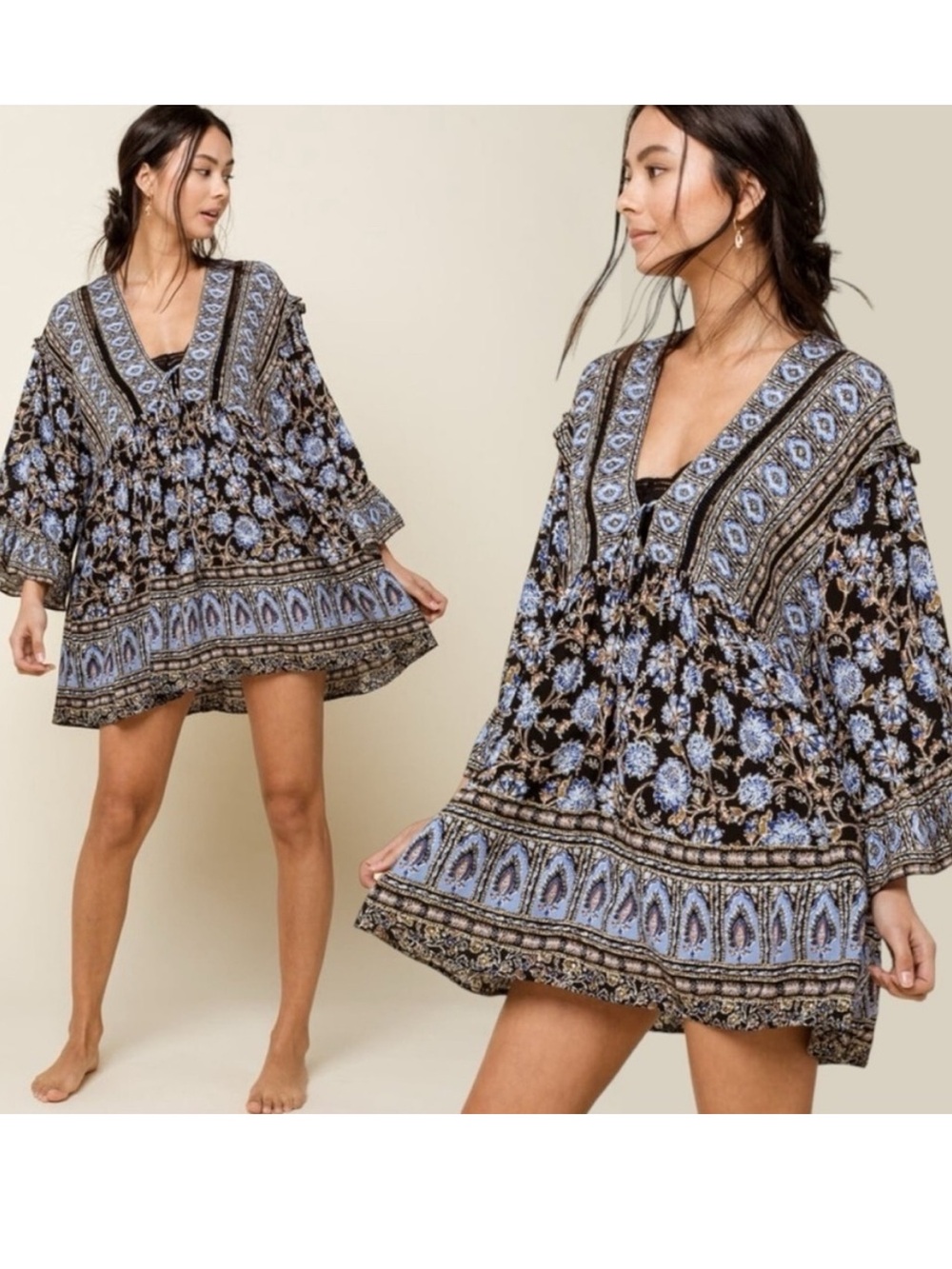 New Free People Small Moonlight Dance 3/4 Sleeve Floral Flowy Boho tunic fairy